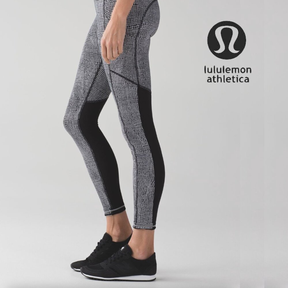 Lululemon Speed Tight V Fall Net 29" Women's Leggings Pockets Black White 8